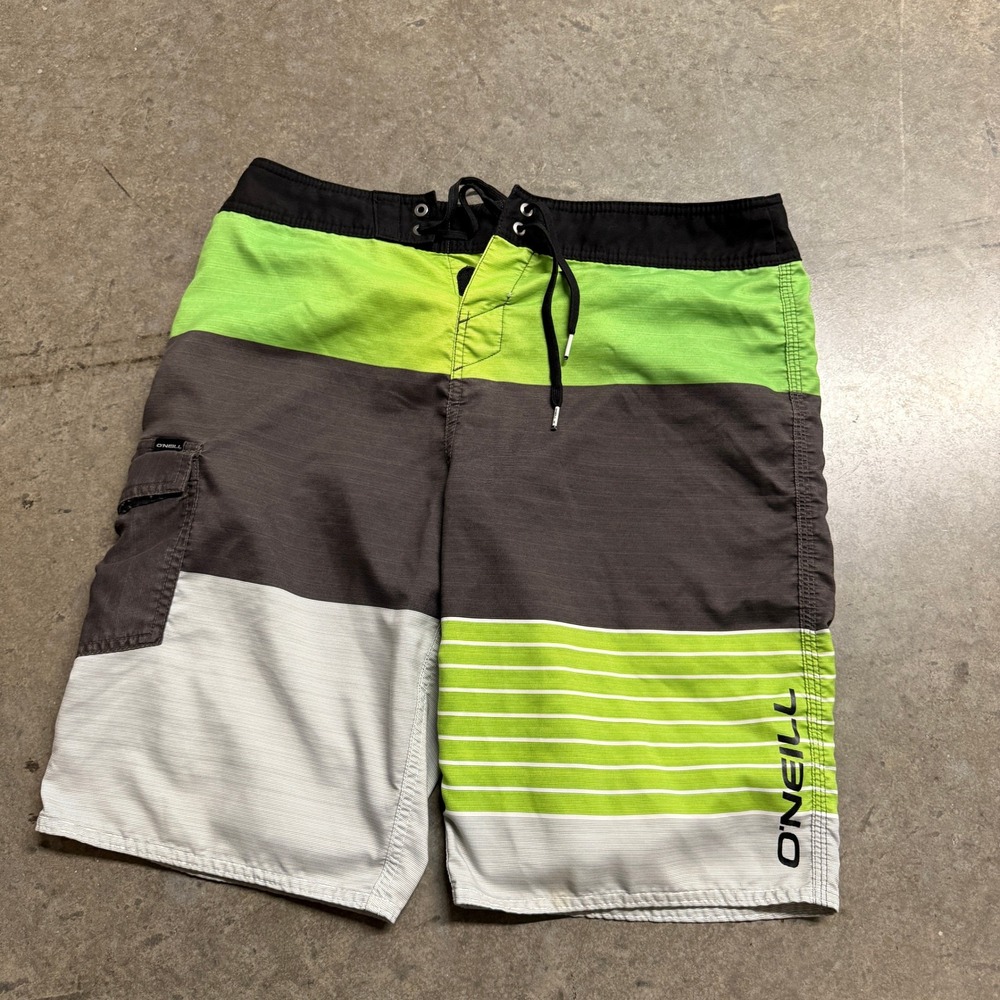 ONeill Mens Board Shorts Size 32 Green‎ Grey Striped Cargo Pocket Swim Trunks